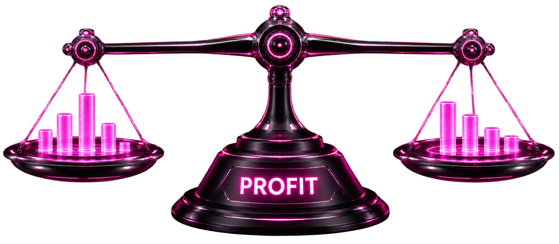Neon profitability scale with opposing commercial bar charts and Profit at the center