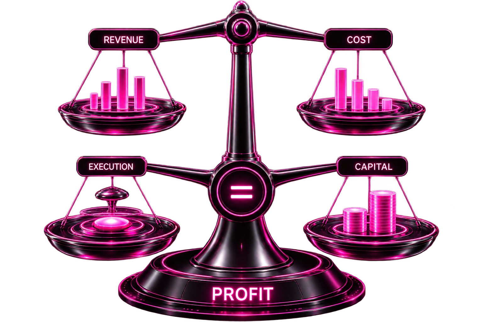 Profitability balance system showing Revenue, Cost, Execution and Capital around Profit